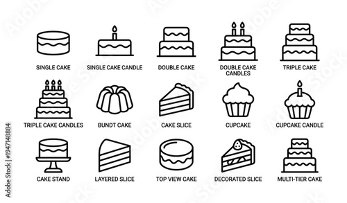 Variety of cake icons: single, double, triple layers, slices, cupcakes