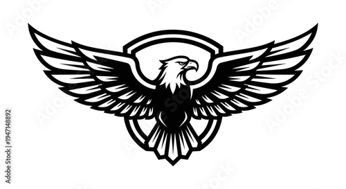 Majestic flying eagle with spread wings, powerful bird of prey vector illustration, emblem or badge design
