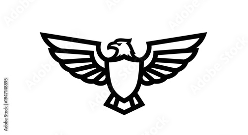 Stylized black and white eagle with outstretched wings holding a shield, a powerful graphic illustration for emblem, mascot, or crest design.