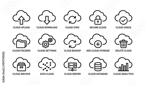 Cloud service icons: upload, download, sync, secure, backup, more