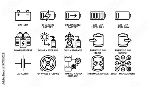 Battery and energy storage icons: charging, grid, solar, hydro, smart management