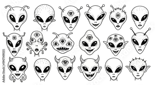 Set of Hand Drawn Alien Heads and Extraterrestrial Faces