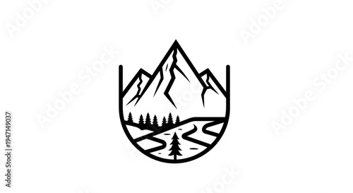 Minimalist vector line art of mountains, forest trees, and a river. Outdoor adventure nature landscape illustration, black and white emblem.