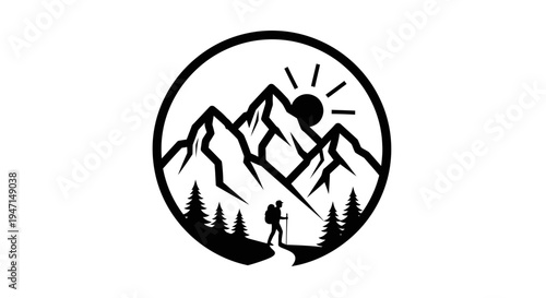 Minimalist Black and White Circular Outdoor Adventure Emblem with Mountain Peaks, Pine Forest, Sun, and Hiker on Trail