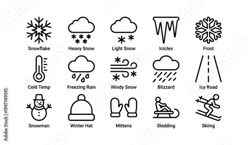 Winter symbols: snowflake, snow, rain, sledding, skiing, mittens