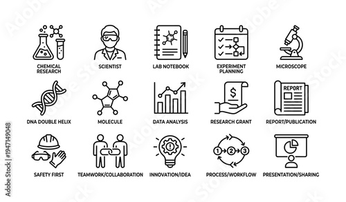 Science and research icons: chemistry, biology, lab equipment, and innovation concepts