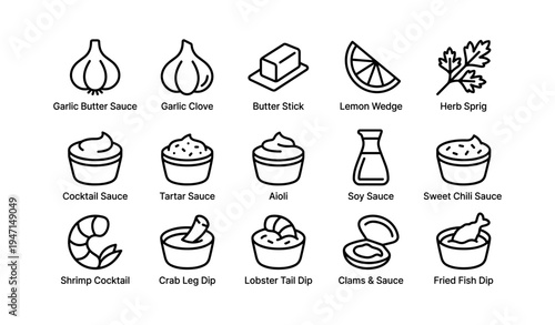 Assorted dipping sauces and ingredients illustrations black and white icons