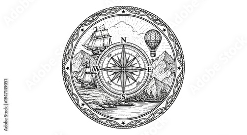 Hand-Drawn Vintage Compass Rose Emblem with Sailing Ships, Hot Air Balloon, and Mountains for Adventure and Exploration