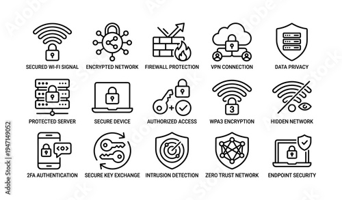 Cybersecurity icons for network protection and data privacy