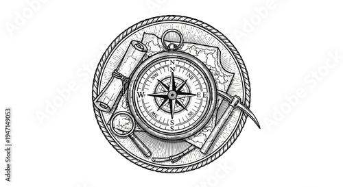 Vintage Hand-Drawn Exploration Compass with Old Map and Adventure Tools Emblem for Navigation and Discovery