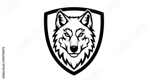 Powerful wolf head mascot logo emblem in a classic shield design. Fierce wild animal vector graphic illustration for branding.