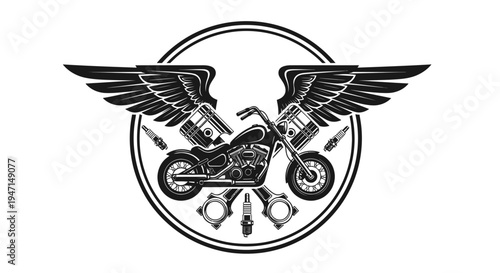Monochrome Vintage Motorcycle Emblem with Wings, Pistons, and Spark Plugs – Classic Biker Club Logo Design