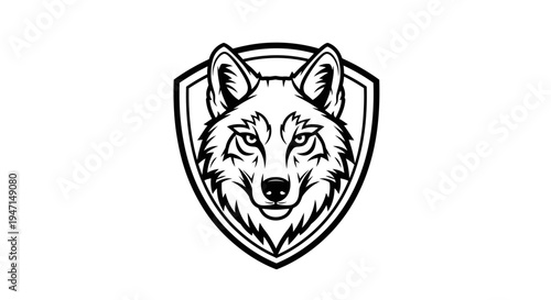 Monochromatic wolf head in shield illustration. Stylized vector emblem for mascot, sport team, or wilderness branding. Strong predatory animal design.