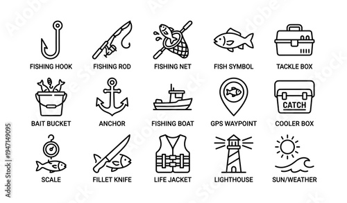 Fishing gear icons: hook, rod, net, symbol, box, bucket, anchor, boat, gps, cooler