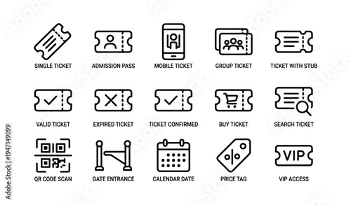 Icons of ticket types and related concepts: single, group, mobile, qr, calendar, vip
