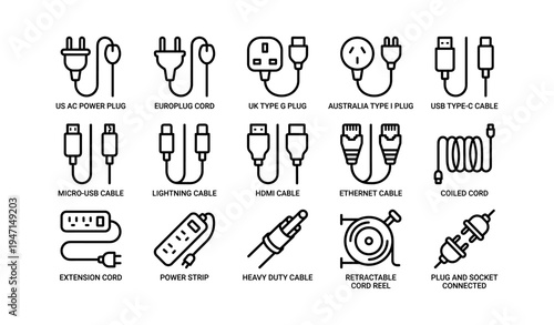 Various power plug and charging cable icons for global use