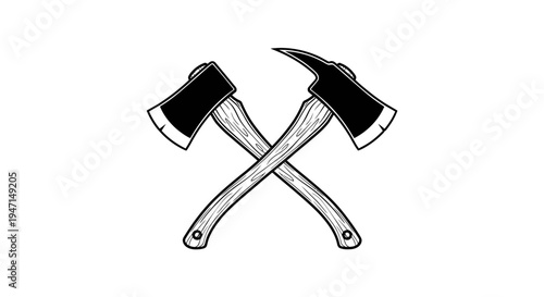 Crossed Firefighter Axes Vector Illustration. Vintage Hand-Drawn Woodcut Style Emblem for Rescue Services and Logging Work.