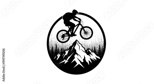 Dynamic black and white vector graphic of a mountain biker jumping over scenic mountains and forest, adventure sport emblem