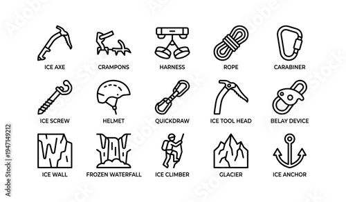 Set of mountaineering equipment icons: ice axe, crampons, harness, rope, helmet