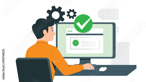 System Optimization Man Working on Desktop Computer with Green Checkmark, Flat Vector Illustration