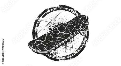 Vintage Grunge Skateboard Vector Illustration with Cracked Texture Deck on Distressed Circular Background for Urban Design