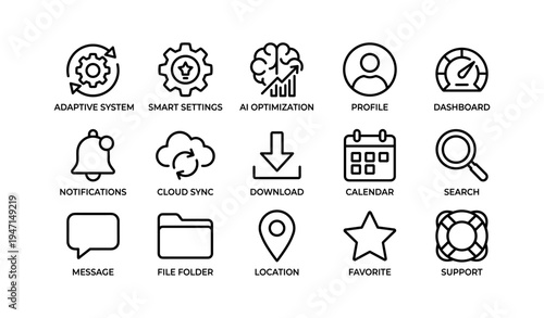 Set of 16 technology and interface icons for various digital functions