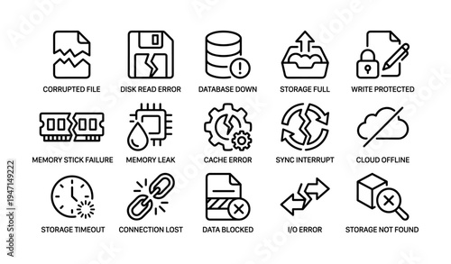 Technology error icons including disk read database down connection lost