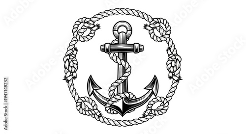 Vintage Nautical Anchor with Rope and Knots, Marine Emblem Illustration. Classic Sailing and Maritime Symbol Design.