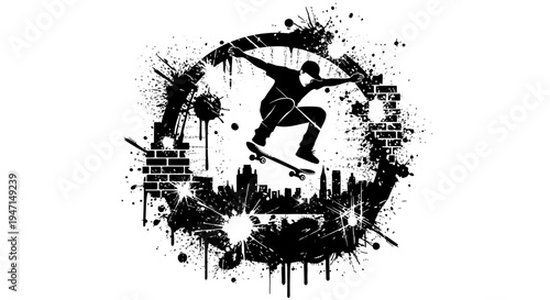 Street Skater Jumping Graphic with Urban City Skyline, Grunge Paint Splatter, and Distressed Circle Frame Illustration
