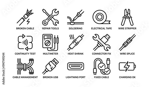 Electrical repair icon set: tools, tests, and connectivity solutions