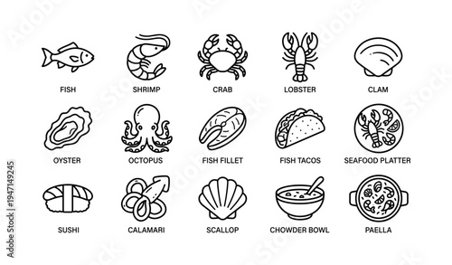 Seafood icons set: fish, shellfish, and delicious dishes in outline style