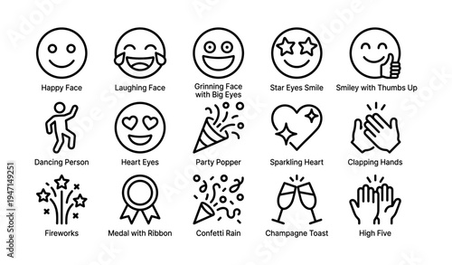Emoji collection: happy, laughing, heart eyes, party, clapping hands, dancing icons