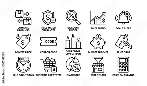Icons for online shopping tools: price match, discount finder, budget tracker, price alert