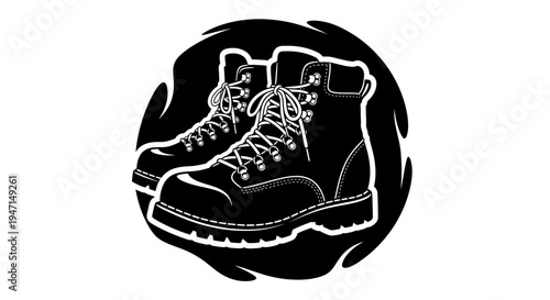 Stylish black and white vector graphic of a pair of heavy-duty lace-up boots, perfect for outdoor activities or workwear design