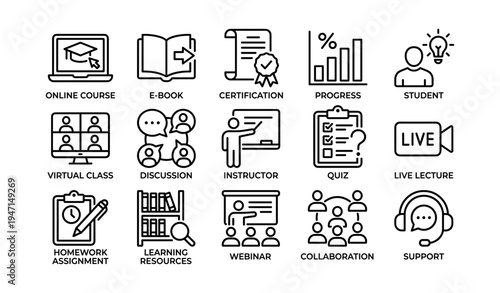 Educational icons collection featuring online course, certification, and virtual learning elements