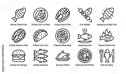 Assorted grilled fish: fillet, kebab, taco, and more icon set