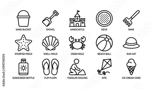 Beach toys and accessories icons: sand bucket, shovel, sandcastle, beach ball, kite