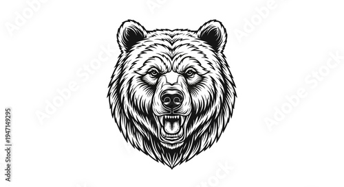 Intense grizzly bear head illustration with open mouth and bared teeth, vintage hand-drawn style, aggressive wildlife mascot graphic.