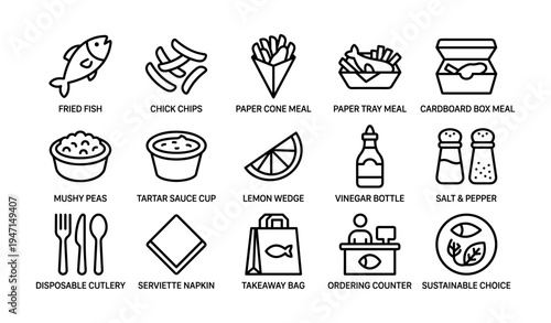 Icon set of fish and chip meal components with sustainability theme