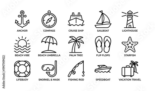 Nautical and beach icons: anchor, compass, cruise ship, lighthouse, sailboat, palm tree, and more