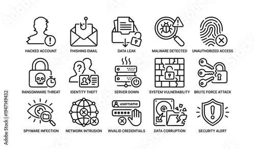 Cybersecurity threats icons set featuring malware and data breach alerts