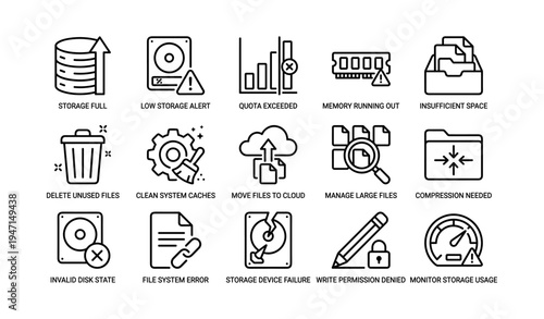 Data management icons set illustrating storage issues and solutions