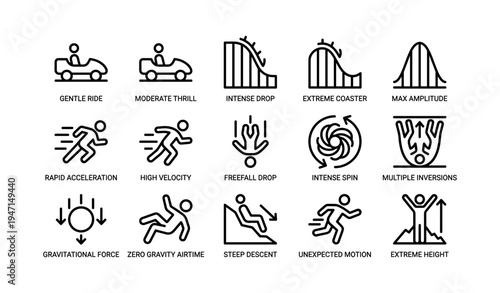 Various roller coaster icons illustrating thrill levels and motion dynamics