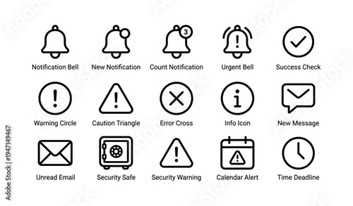 Set of notification icons: bell, check, warning, info, email, security, calendar, deadline
