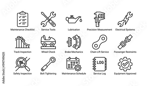 Amusement park ride maintenance icons with tools and safety inspection symbols