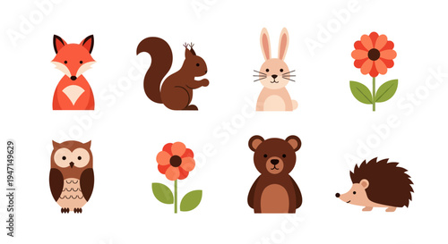 Cartoon forest animals and flowers