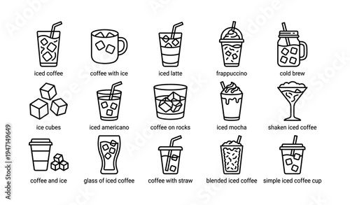 Various iced coffee icon set featuring different styles and glasses