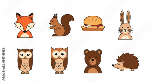 Cartoon forest animals and food illustration