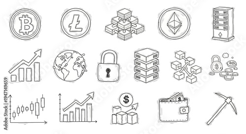 Cryptocurrency and Blockchain Hand Drawn Icon Set