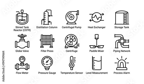 Industrial equipment icons featuring reactors, pumps, and valves